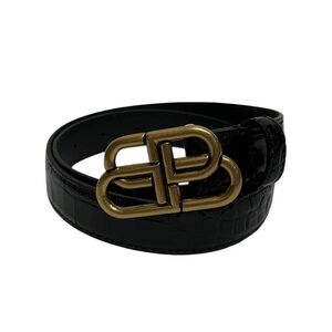 BALENCIAGA BB Logo Leather Belt — Black Croc-Textured — Gold Buckle